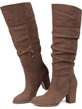 Women's Taupe Slouch Knee High Boots Chunky Heel Tall Boots Round Toe Pull On
